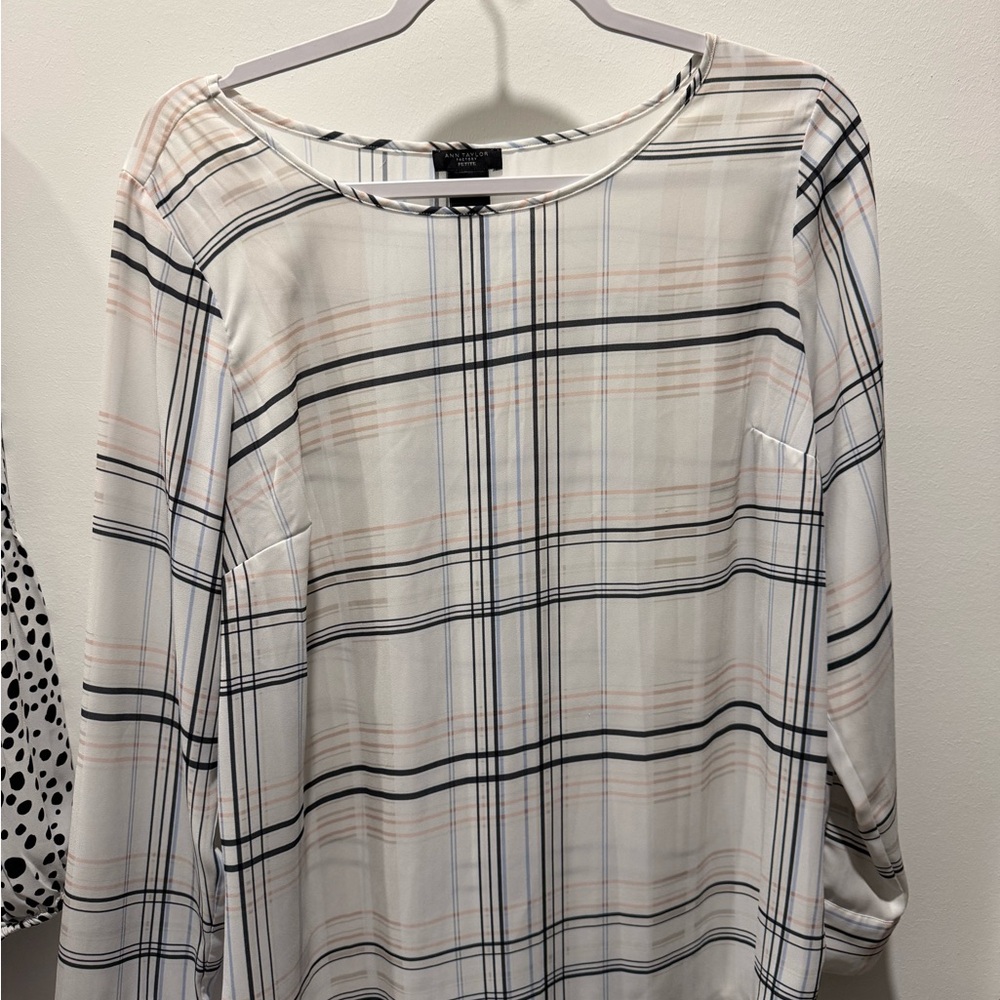 Ann Taylor Plaid Blouse - White, Navy, and Pink